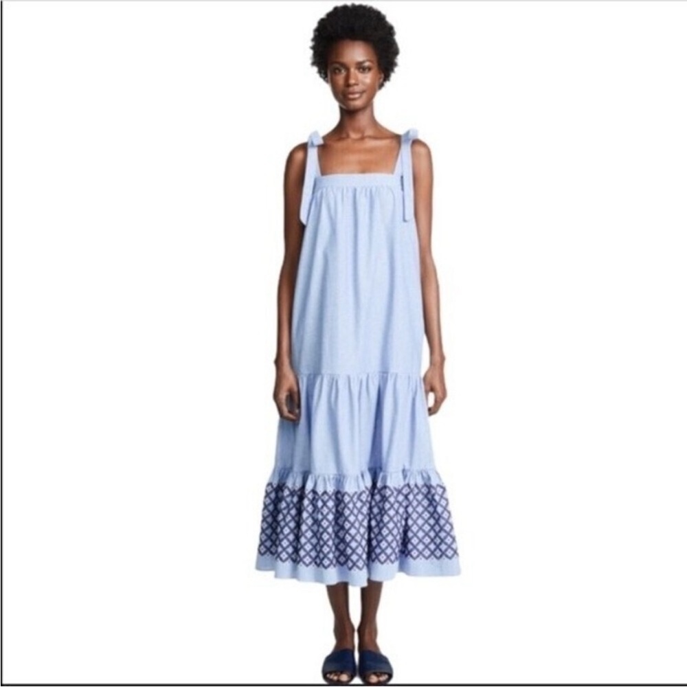 REBECCA Minkoff Blue‎ Cotton Embroidered Farmhouse Sleeveless Midi Dress Size M
